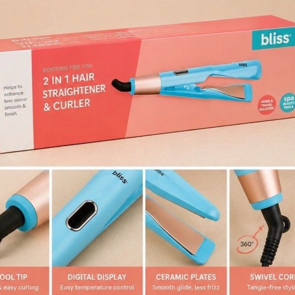Bliss 2 in 1 Hair Straightener & Curler LIght Blue Ceramic Home And Travel